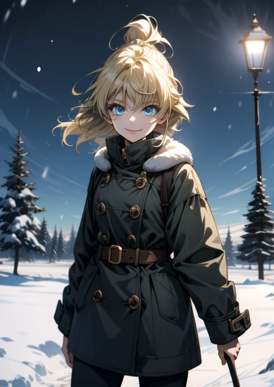 ((ultra detailed, masterpiece, absurdres))
 HGFiona, 1girl, blonde hair, blue eyes, in a winter wonderland, cowboy shot, winter clothing, smile