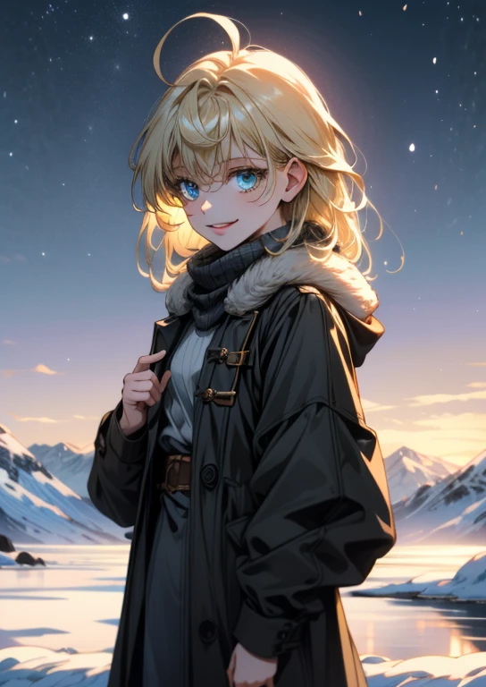 ((ultra detailed, masterpiece, absurdres))
 HGFiona, 1girl, blonde hair, blue eyes, in a winter wonderland, cowboy shot, winter clothing, smile