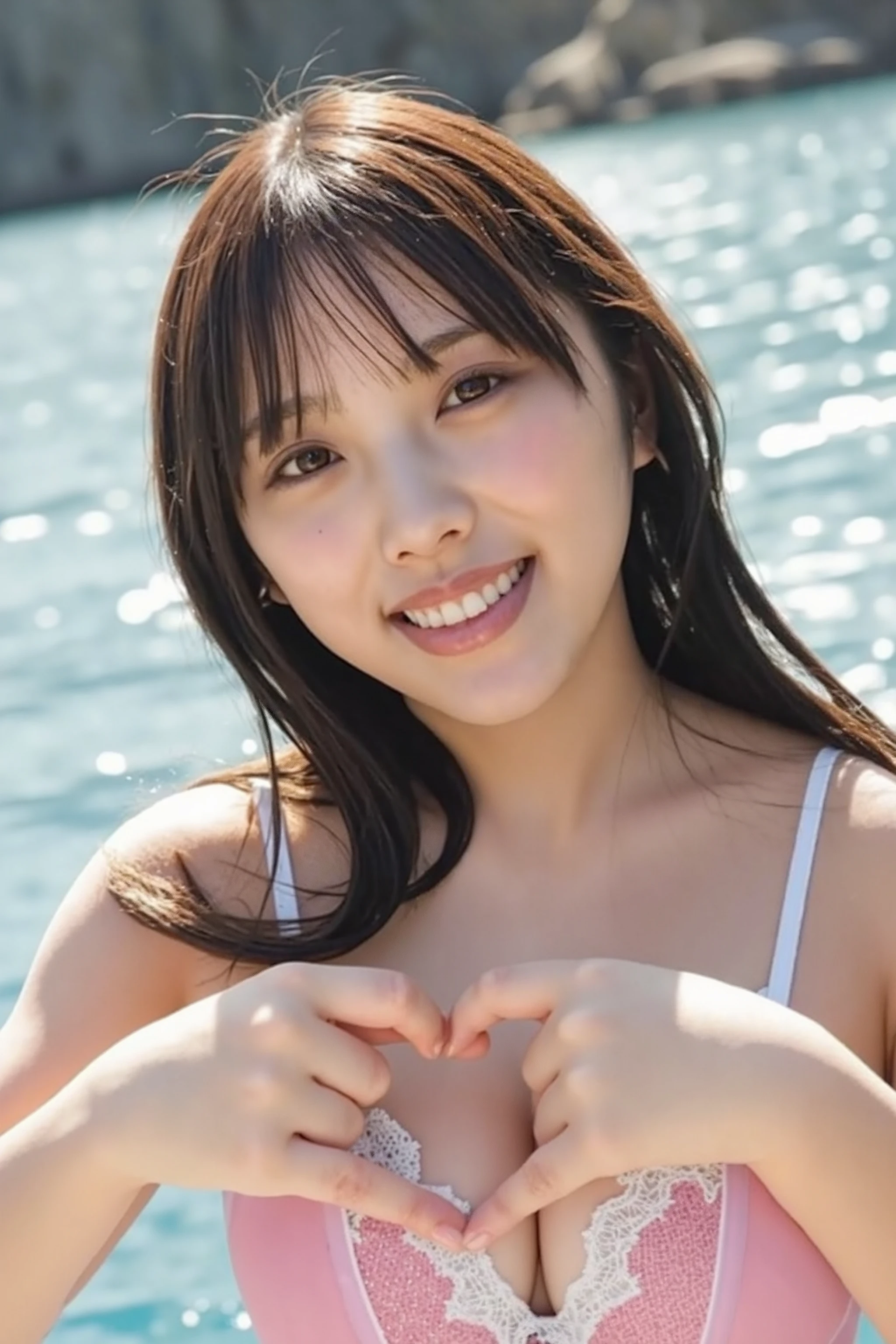 She is in a pose wearing a sexy camisole, making a firm big heart shape with both hands, and holding it in front of her chest, Close-up of a smiling face

