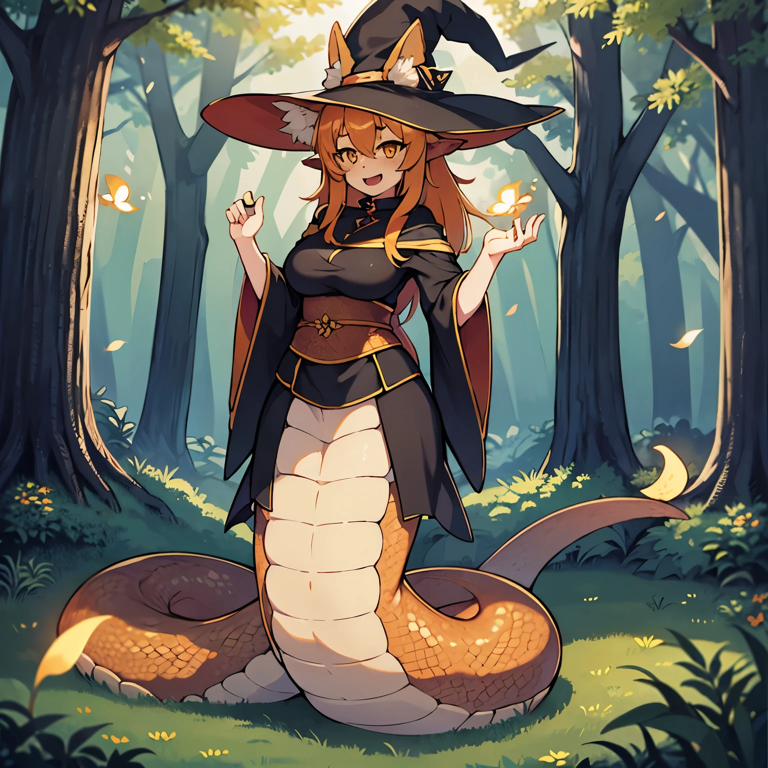1girl, orange hair, yellow eyes, fox ears, lamia, yellow scales, tail, standing, medium breasts, witch hat, witch clothing, forest, 4k, 8k, 16k, best quality, high-res, happy, open mouth, full body, fireflies
