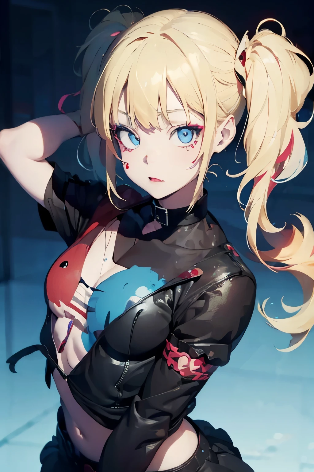 a girl with blonde hair with Harley Quinn style pigtails, blue eyes, Her face is painted like Harley Quinn , on his face you can see a somewhat lunatic face. (full body)