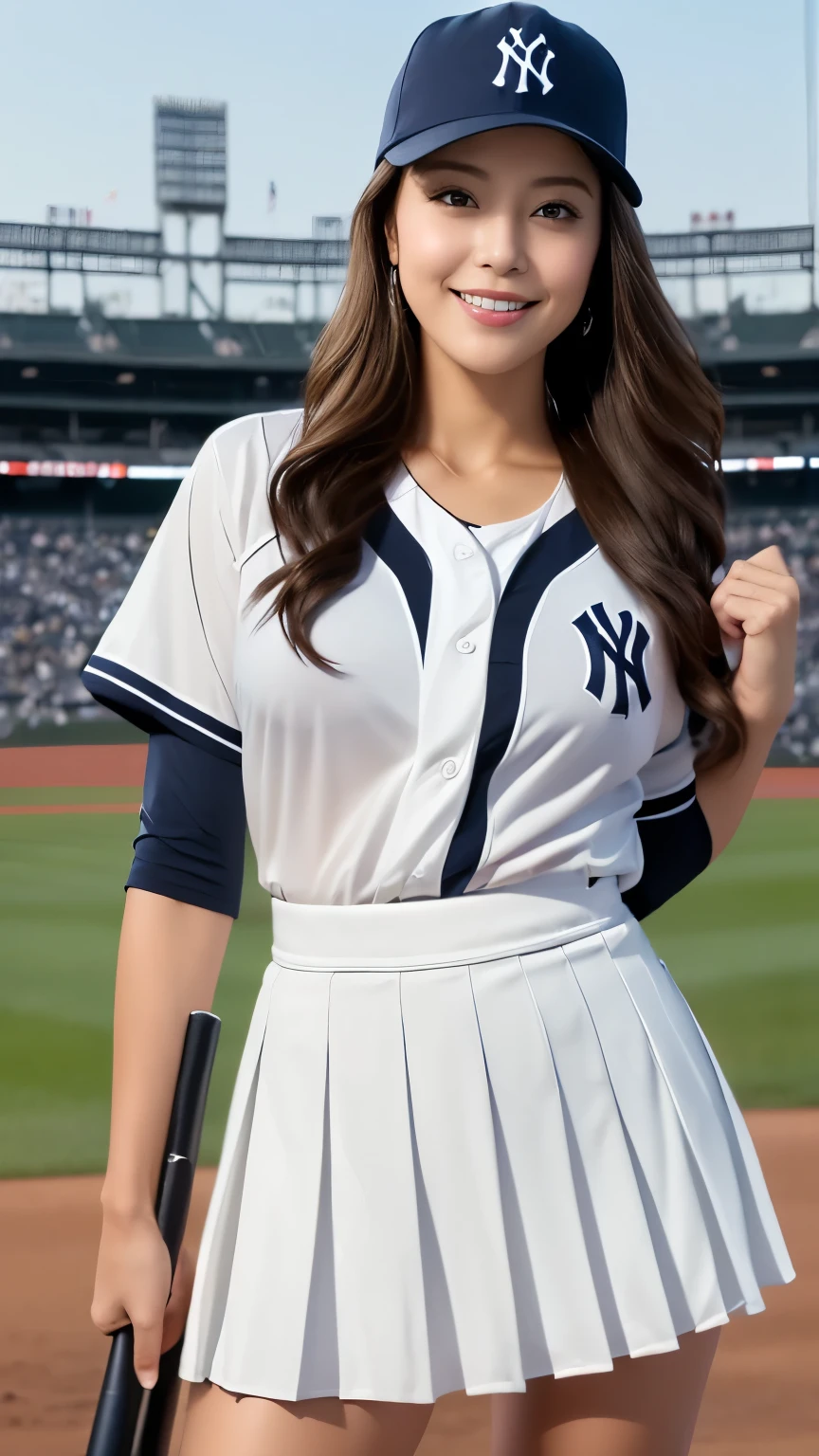 nsfw1.1,((Best Quality)), ((masterpiece)), ( Details),  1 girl,Baseball player, ((Dressed))
((Big Breasts:2.0, erect nipples,Wearing a blue baseball cap ,sexy black and white  see-through  baseball uniform ,  New York Yankees uniform,wearing a black baseball cap , see-through :1.2,High Leg white micro pantie,pleated mini-skirt,lift skirt,panty shot))The best smile ,  Clossa ,Embrace your chest, ((  standing with a baseball bat  on the baseball stadium and pose in batting stance )),Leg spread,( show off Beautiful Pussy Lines ), (protruding pubic hair)  shows off white micro pantie