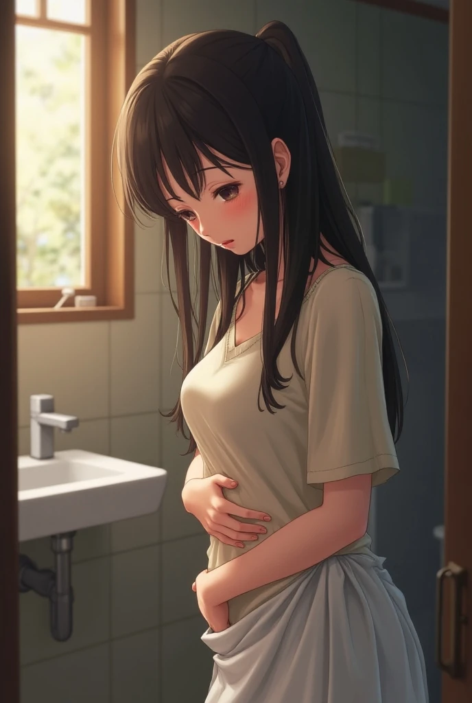 ((32 year old calm adult wet woman)),Adult beige clothes、The whole picture、One long black head of hair、Standing、at hotel's room、Eyes are brown、((embarassed expression))、((Close your eyes and be patient)) ,Love juice,Forced orgasm,Squirt,Penetration ,Ecstasy