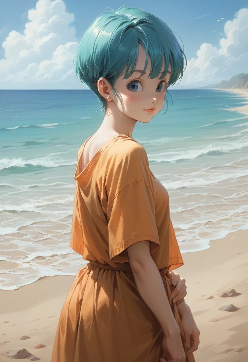 1 girl, Little Bulma from Dragon Ball Z, on the beach,  masterpiece , The best quality, HD model,  tall details , 