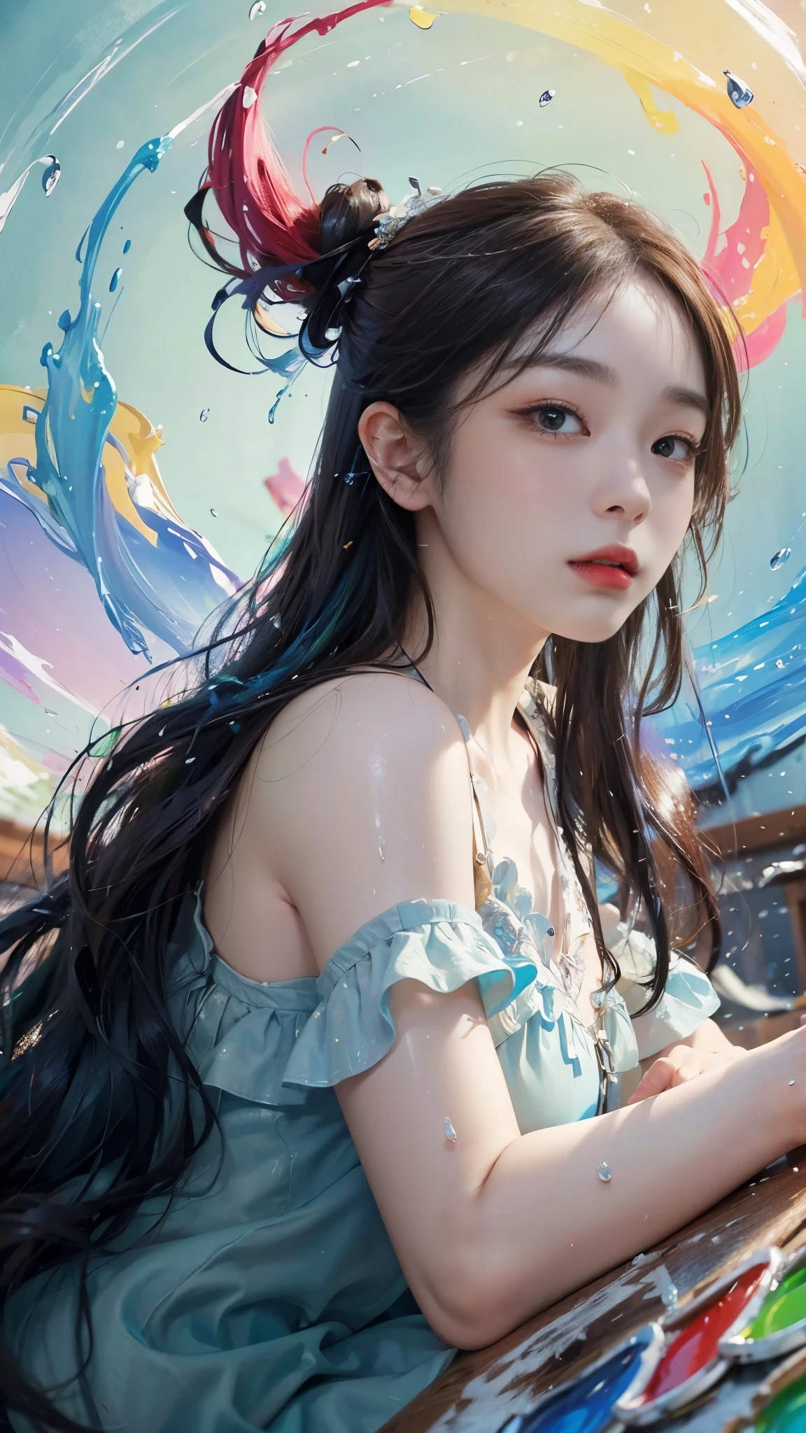 (level difference: 1.8),(Paint colliding and splashing on canvas),(Depth of field),adorable creature,elegant, strong between boho and modern. With many colors and no defined (liquid paint rainbow hair:1.1) Made of paint,anti gravity, Thick flow, (Splashes of paint: 1.3), liquid state, Beautiful, Masterpiece, Detailed background, high quality model, Ethereal background, Abstract beauty, Explosive volume, Oil painting, Heavy brushstrokes, romantic lighting, Sub-surface scattering, Lens 135mm, F1.8, luminance, 8K, high resolution, Dreamy, Ray tracing, hdr, divine rays,