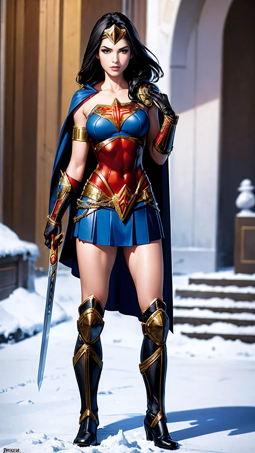 ((full body photo, standing)) masterpiece, best quality, 1girl, veronica, (((full body photo))) 1 girl, Wonder Woman, bracelet, black hair, blurred, armband, breathing, cape, cowboy shot, depth of field, restraint, gun restraint, lasso, looking at viewer , parted lips, pommel, realistic, reverse grip, shield, skirt, snow, neveing, alone, superhero, sword, tiara, toned, weapon, weapon behind back, ((work of art))
