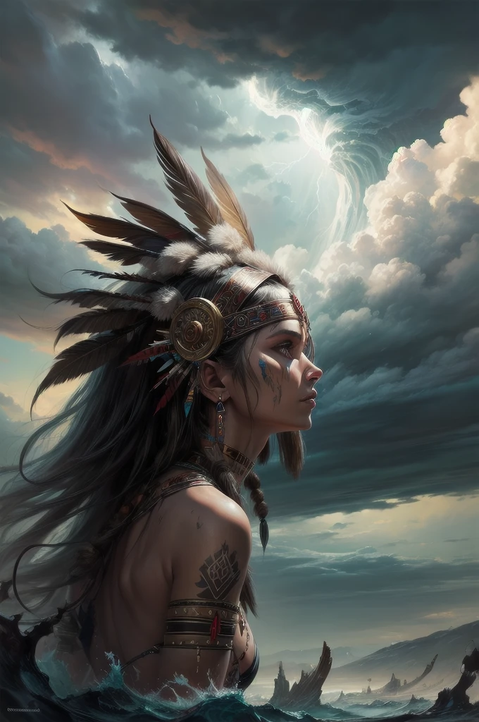 ((Tribal maiden)) amidst the remnants of an ancient civilization, facing a turbulent storm, swirling clouds, dynamic composition, painterly details, fantasy realism, captivating and dark ambiance."