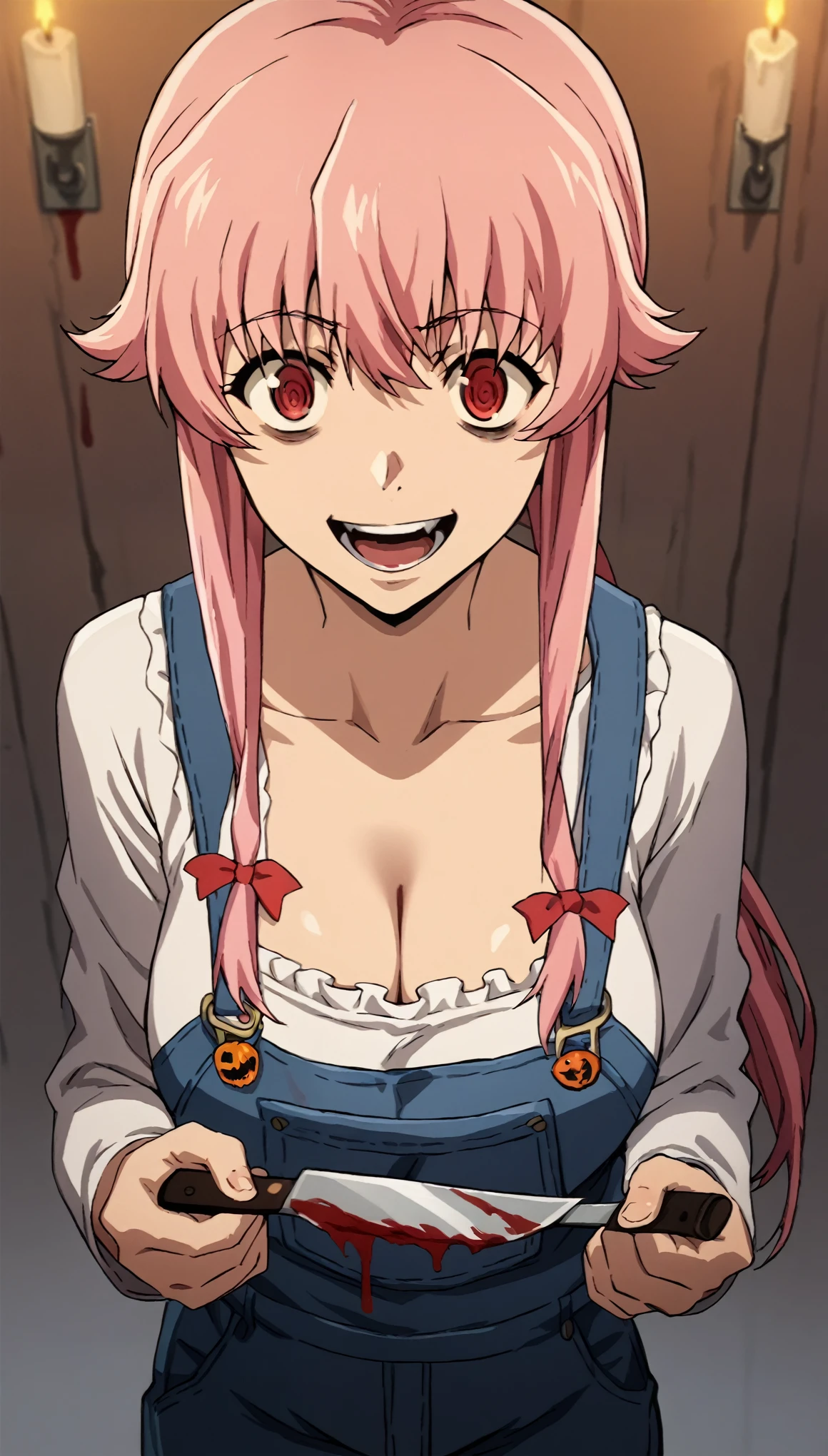 yun_fd, long pink hair, , cleavage, collarbone, frills, long sleeves, overalls, suspenders, "yuno gasai is out later night trick or treaty on Halloween night, she has large breasts and she is holding a trick or treat bucket while holding a blood stain knife, her hands and clothes are staying in blood and she has a crazy expression and she has crazy eyes, trick or treat, yandere, open mouth, evil eyes evil sinister smile