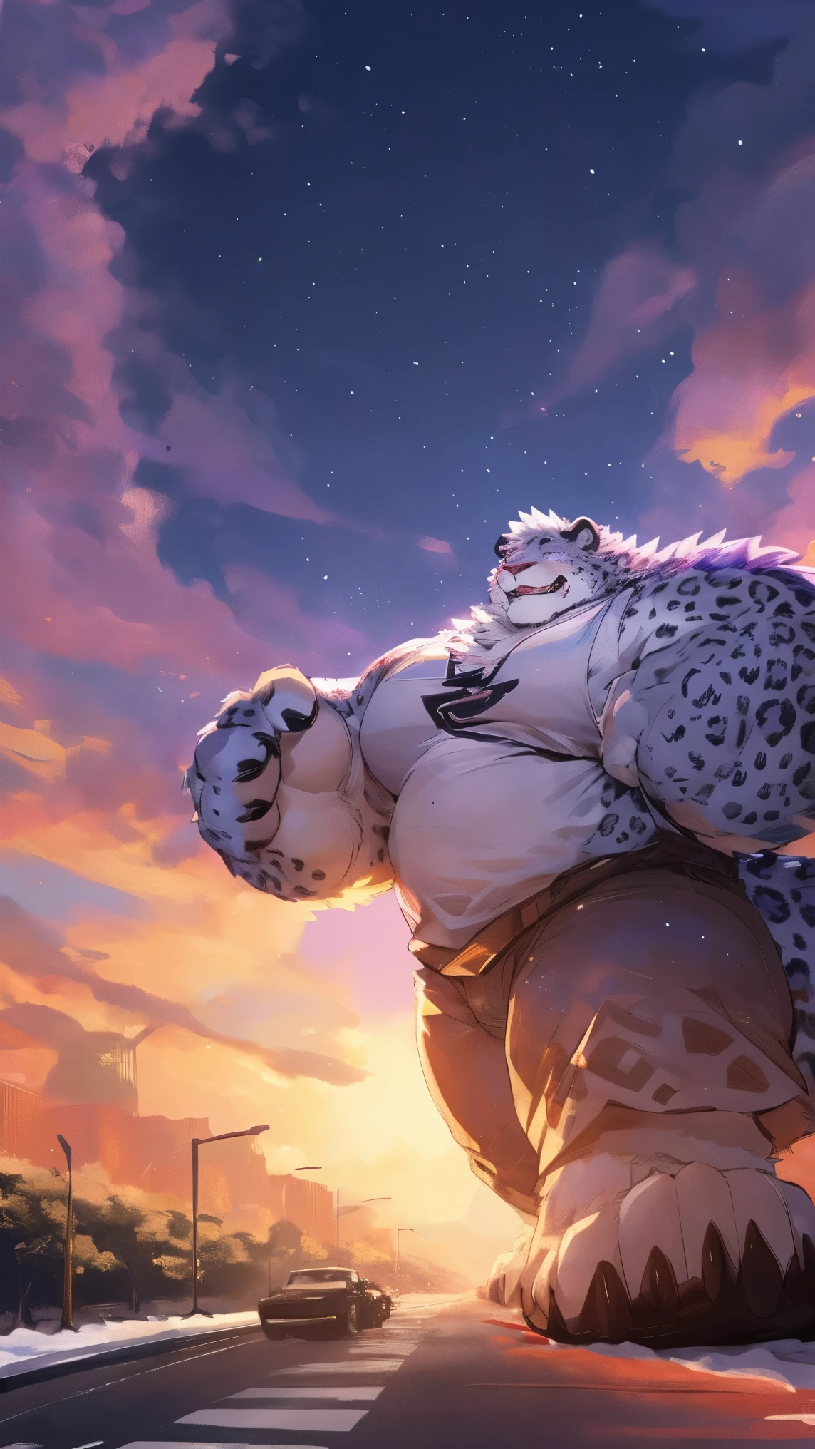 human nature , wild animals, Male, 28 years old,youth,Lonely, ((round face, The face is plump , violet eyes, thick white hair ,Scars)), ((Endomorph, handsome, Hot blood )), (mecha suit,No power ,exhausted), ((heimischer Snow leopard, Snow leoparden-Orks) Fluffy fur, Fluffy, grey-purple spots ), (Snow leopard Druck), bokeh, ( high quality, High resolution , masterpiece), ( dynamic lighting , vivid colors ), (happy,laugh out loud,Blush), detailed teeth, full body pictures ( Vision ), cartoon, author:takemoto arashi, von zixiong, author:Chunni, author:ethereal,( background:rainforest), Snow leopard(massiv:3.0, ( heavyweight,stark,Macro, Emphasize)), background((Building, raise small spoke , the crack in the road)),high perspective