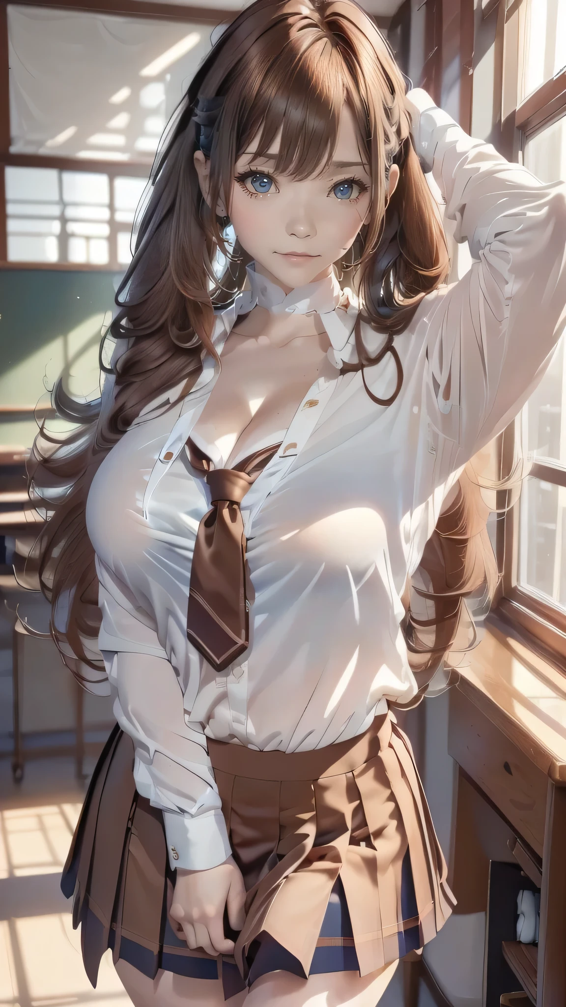 porn image.(from below:1.2),(1girl,ultra detailed skin,curvy,,beautiful breasts,large breasts,pale skin,pointy breasts,erect nipples),(Hyperrealist portrait,(8k),ultra-realistic,high detail,high resolution,best quality,masterpiece,Sense of presence,Dynamic,bold),(thin and soft hair:1.8),(straight hair),(Swept long bangs),(extra light coppery amber hair),(hair over one eye),(clothed:1.5,school uniform:1.5)