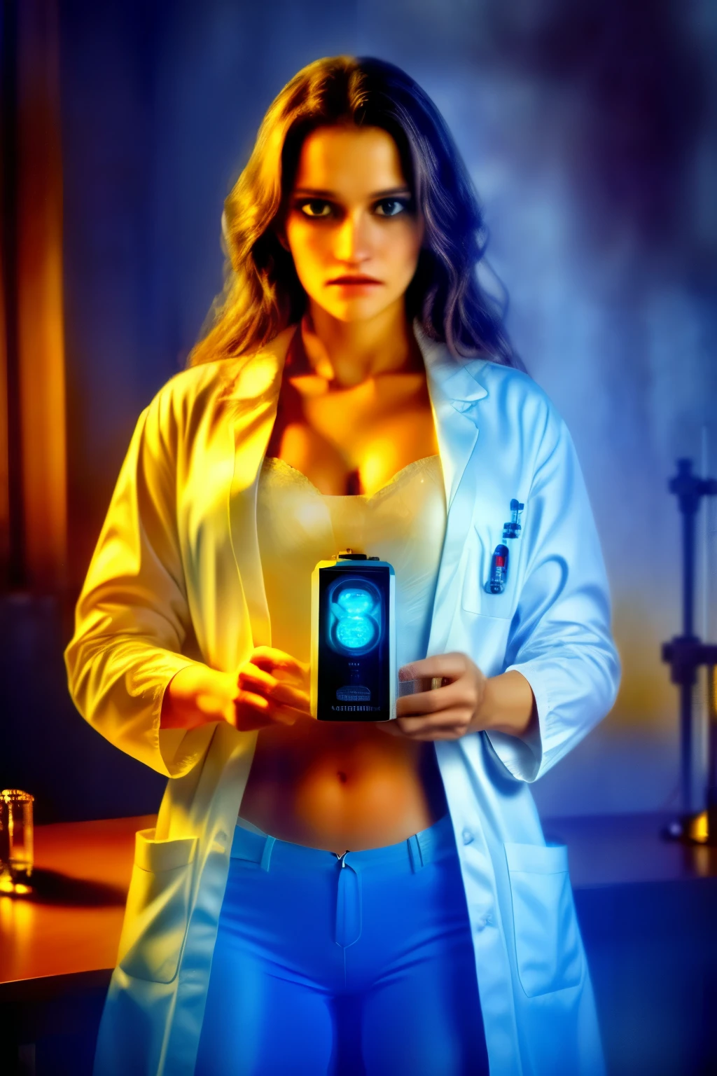 ((best quality)), ((masterpiece)), (detailed), perfect face,a scientist working on a time machine, detailed portrait of a scientist in a lab, wearing a white lab coat, holding futuristic time machine device, intricate gears and displays, complex scientific equipment, dramatic lighting, cinematic composition, photorealistic, 8k, award winning digital art