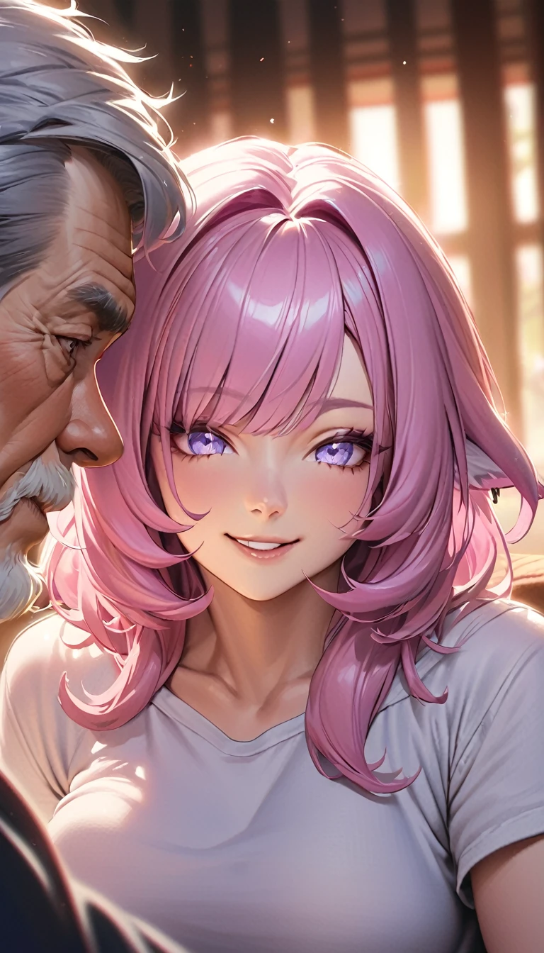 Elysia, ((pink hair)), fox ears,beautiful face,smiling,close up to hips, moderate breast,sitting on a bed,wearing pink over sized t shirt, (open mouth:0.4),illustration,detailed textures,ultra-detailed(realistic),portrait style,vivid colors,soft lighting. mature, slip, visible side , having sex ,cock , old man.