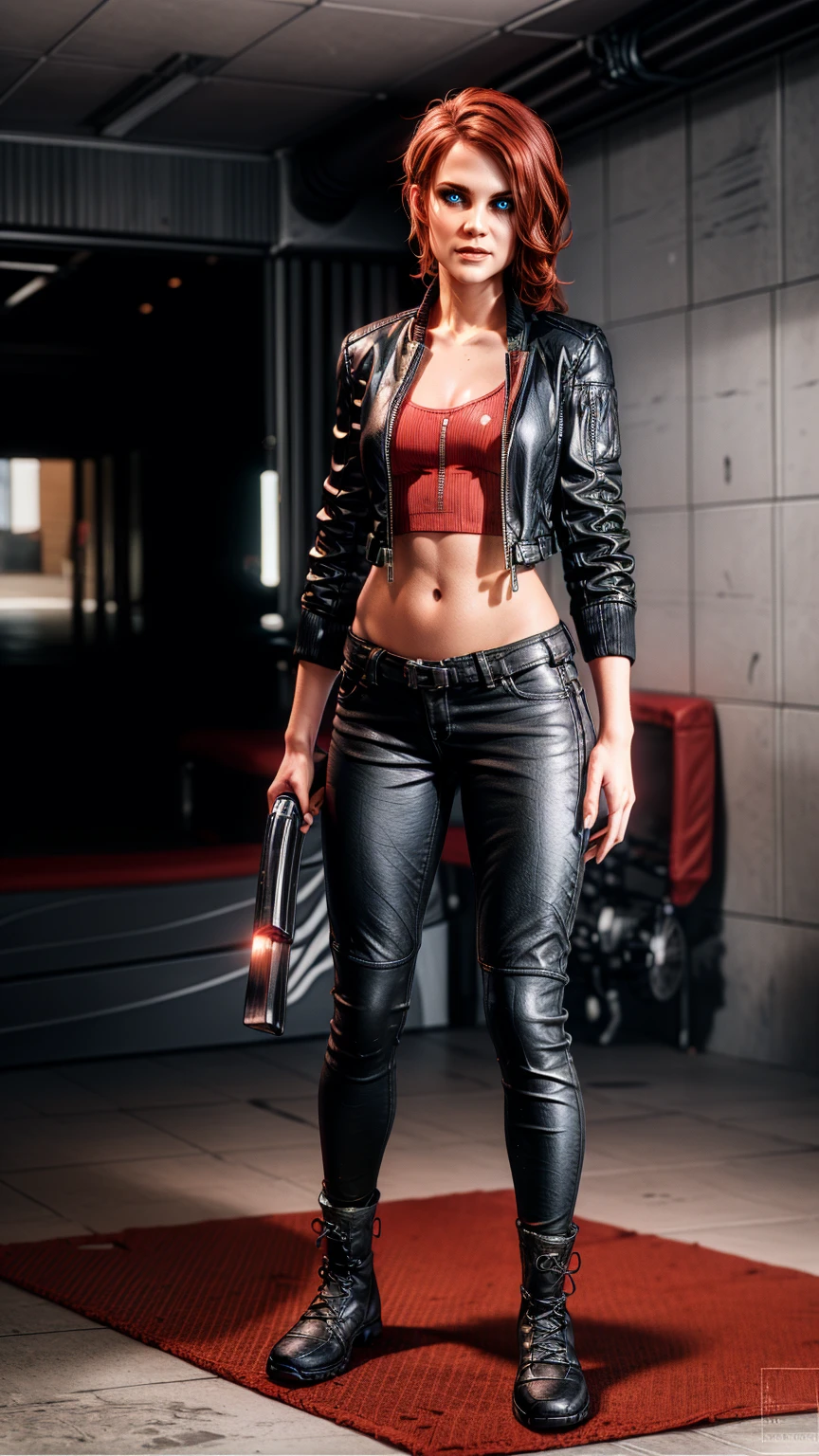 ((Courtney Hope)), red hair, asymmetrical hair, short ponytail, wavy hair, sidelocks, hair over one eye, low ponytail, serious, seductive smile, Jesse Faden from video game "Control", open_Fitted_Black motorcycle/bomber jacket 1/4 cropped, (black tank top under jacket), Skin tight_black jeans, (strong glutes), Loose_matte black leather motorcycle boots, (wielding "Service Weapon":1.37),Slim but lightly toned build, Small bust, (covered nipples:1.37), standing in fighting poses, wide shot, UHD, 16k, textured skin, best quality, anatomically correct, accurate, masterpiece, (concept art), (full body portrait), Flawless skin, (jesseC_soul3142) 