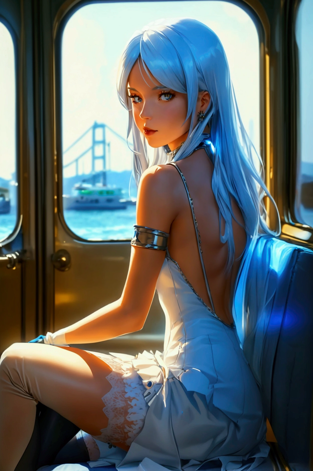 ((best quality)), ((masterpiece)), ((1girl)), solo, Ferry, ((long hair)), FerryBase, ((thighhighs)), bare shoulders, ((jewelry)), ((sleeveless)), white dress, blue skirt, ((gloves)), thigh-high, from behind.