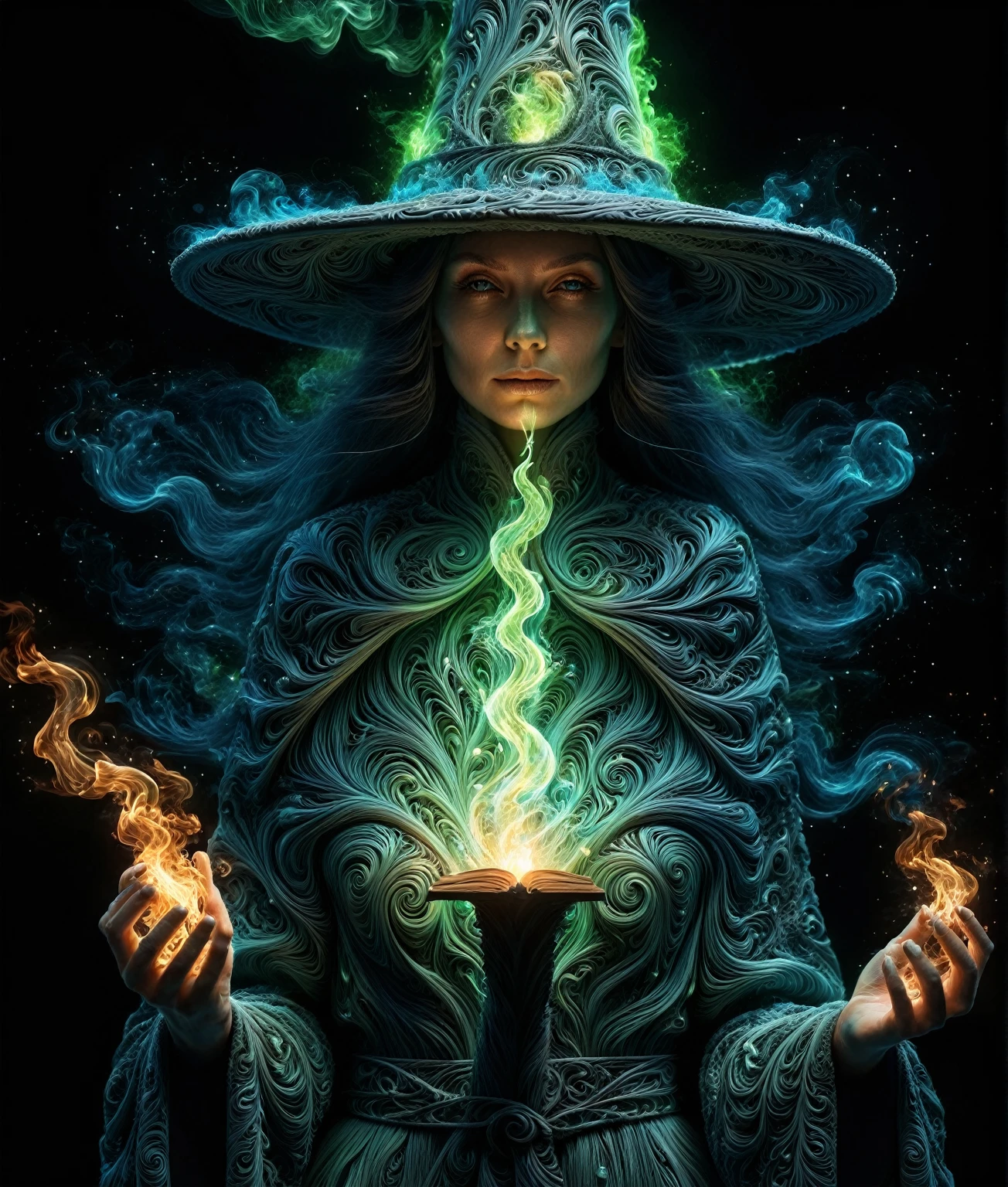 amazing quality, masterpiece, best quality, hyper detailed, ultra detailed, UHD, perfect anatomy, magic world, face to viewer, looking at viewer,
a great female master, wearing witches robe and hat, spell fire magic, (green hybrid blue:1.3) energy flow, energy flow surrounded, full of  energy flow, (ral-cnvctncrnts energy flow:1.3),
glowing, shine, dazzling, spell book, full body,
hkmagic,
ral-cnvctncrnts,
extremely detailed,
DonM3t3rn1tyXL,