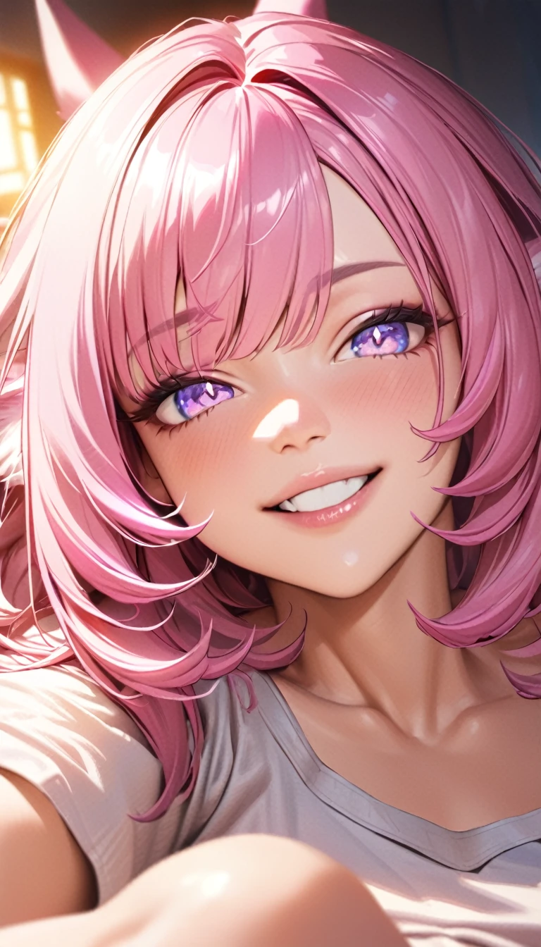 Elysia, ((pink hair)), fox ears,beautiful face,smiling,close up to hips, moderate breast,sitting on a bed,wearing pink over sized t shirt, (open mouth:0.4),illustration,detailed textures,ultra-detailed(realistic),portrait style,vivid colors,soft lighting. mature, slip, visible side , having sex ,cock old man.