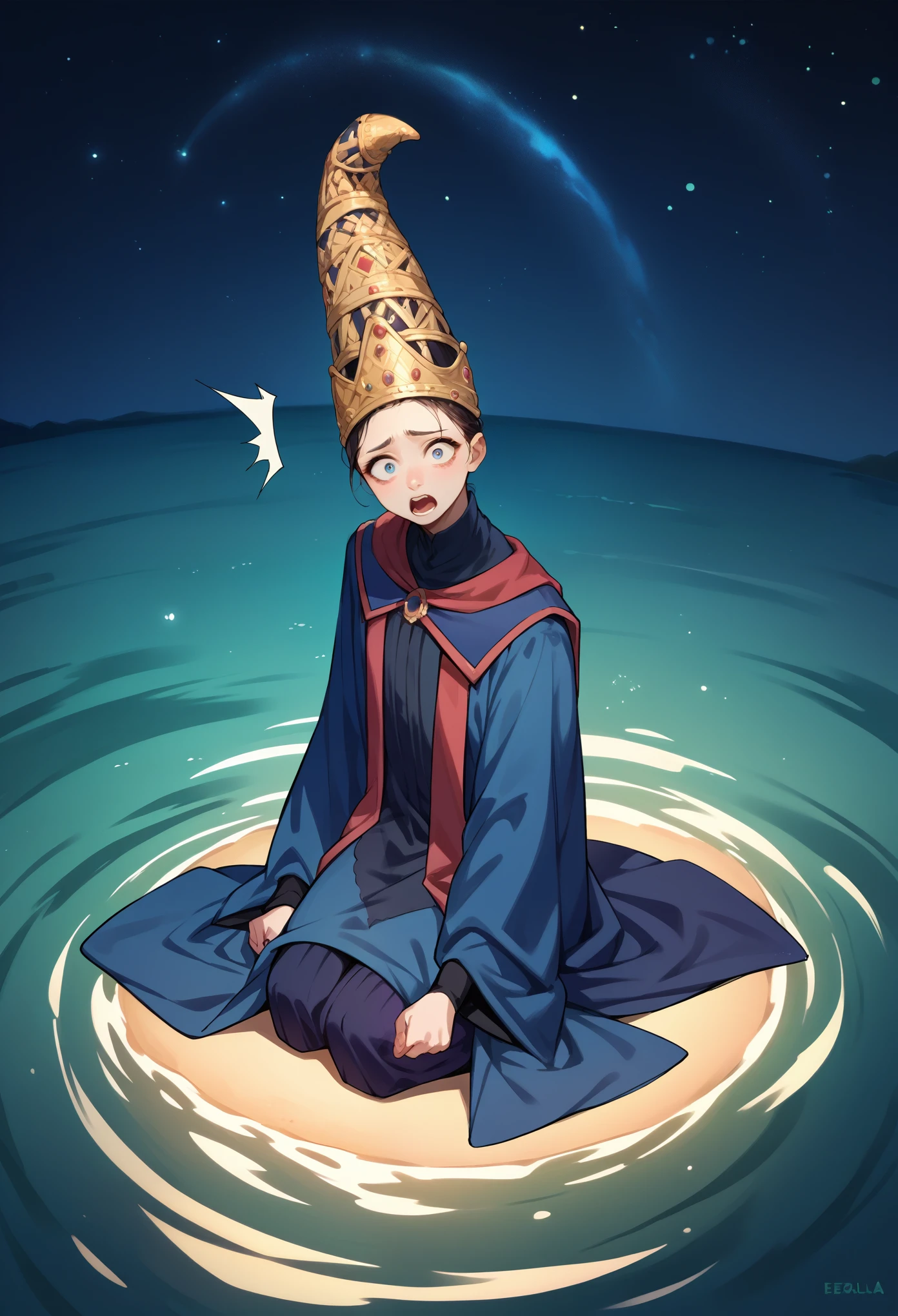 score_9, score_8_up, score_7_up, 1girl, solo, (teen:1.5), teenager, Rennala, crown, dress, blue robe, wide sleeves, long sleeves, shocked, shaking,  looking at you, kneeling, night, on water, starry night, empty background, Oversized Clothes, from frontal