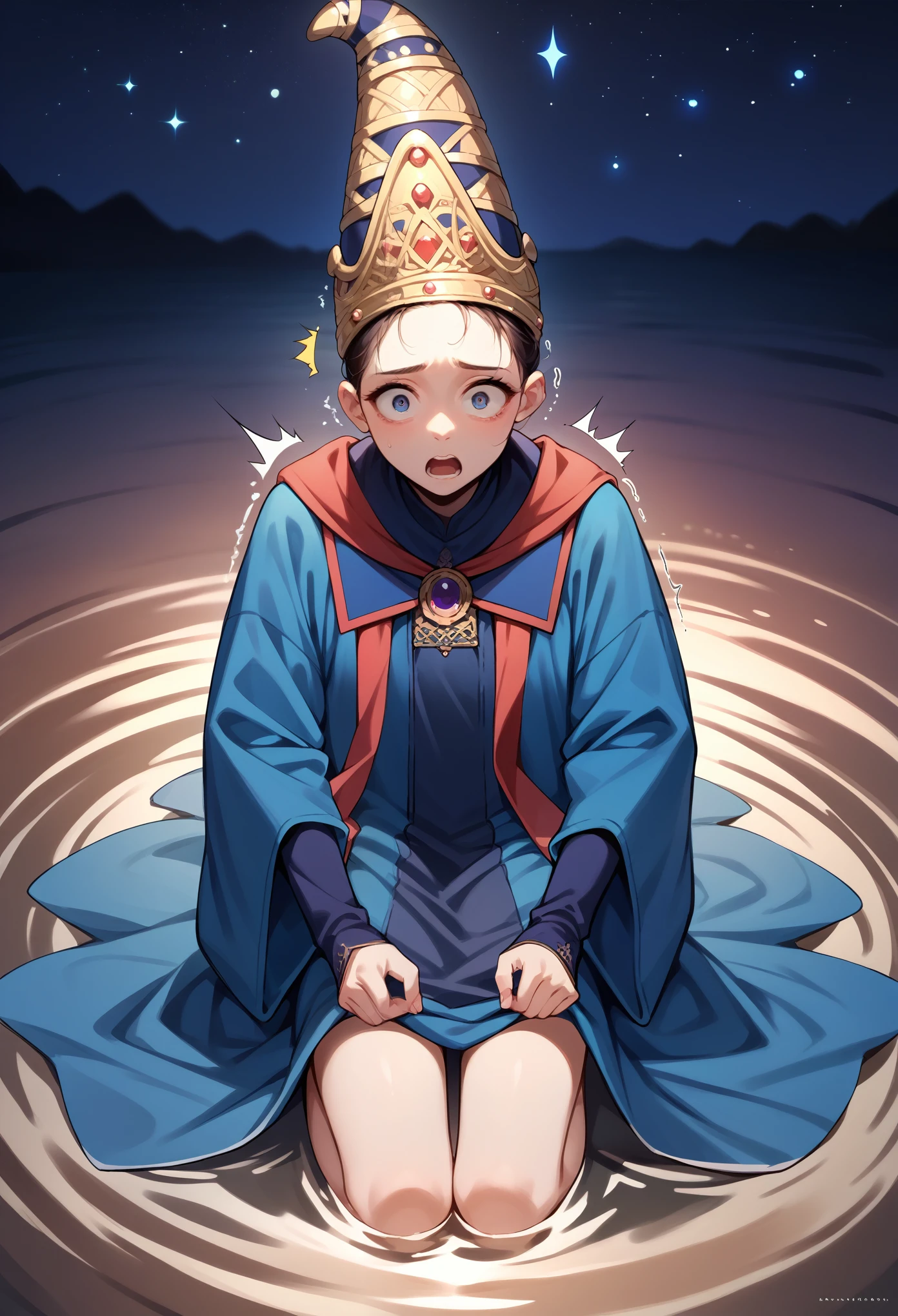 score_9, score_8_up, score_7_up, 1girl, solo, (teen:1.5), teenager, Rennala, crown, dress, blue robe, wide sleeves, long sleeves, shocked, shaking,  looking at you, kneeling, night, on water, starry night, empty background, Oversized Clothes, from frontal