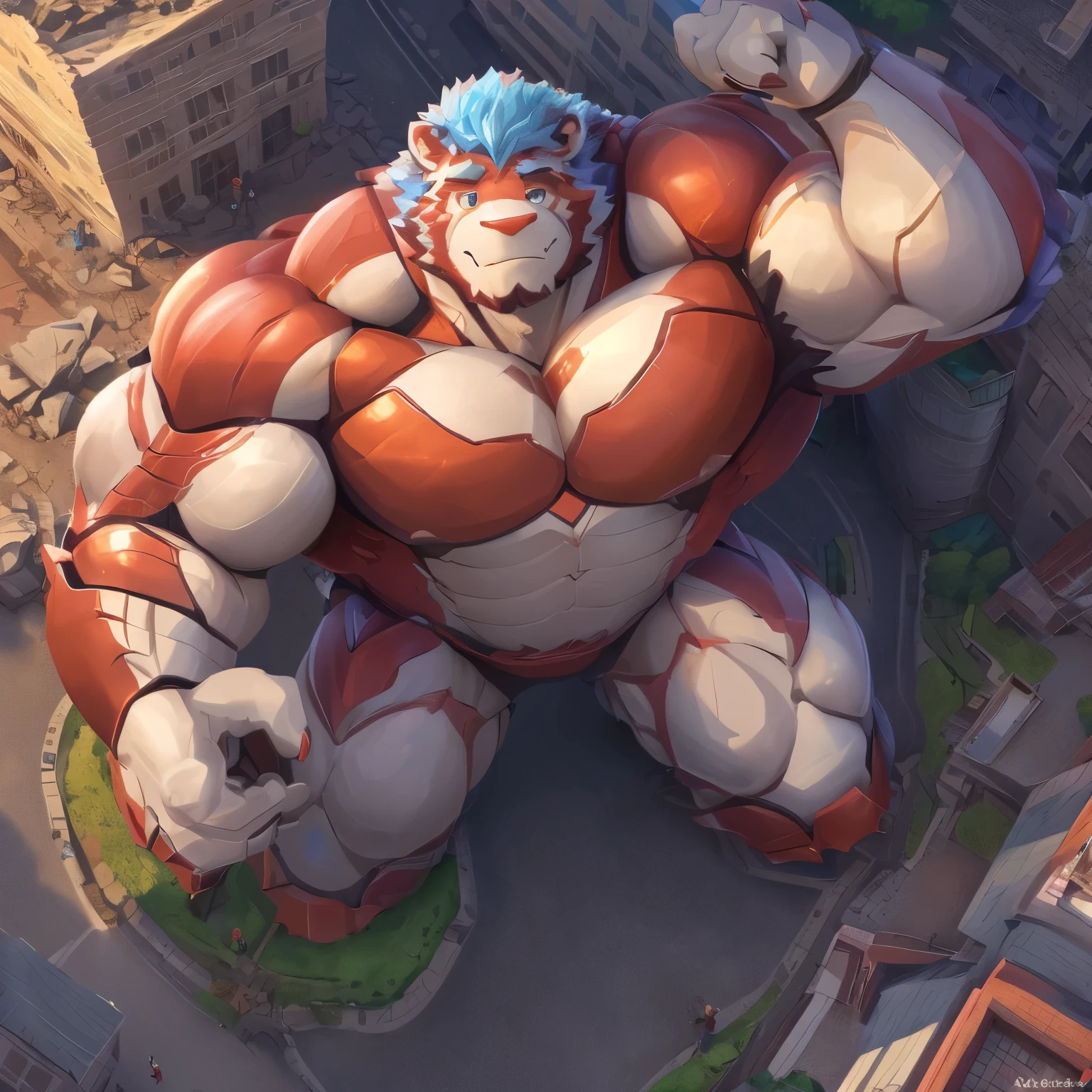 bright red colored bara shark, white countershade, red skin, large plump hairy pecs, strong physique, tribal tattoos, scarlet samurai hair in ponytail, cyan colored eyes, black sclera, very muscular, perfect anatomy, scars on body,nipple piercings, solo, masterpiece beard, strong jaw, thick thighs, giant biceps, muscular, smirking, smug expression, shark tail, hands behind head, macro, tall, incredibly huge, insane height, height difference, in tiny city, laying down, on back, small characters on pecs, people on pecs, relaxing, wearing thong, grin, amazing shading, full body, detailed hands, detailed eyes, detailed face, detailed arms,anthro, muscular, abs, (detailed:1.5), male, detailed background, by meesh, by darkgem