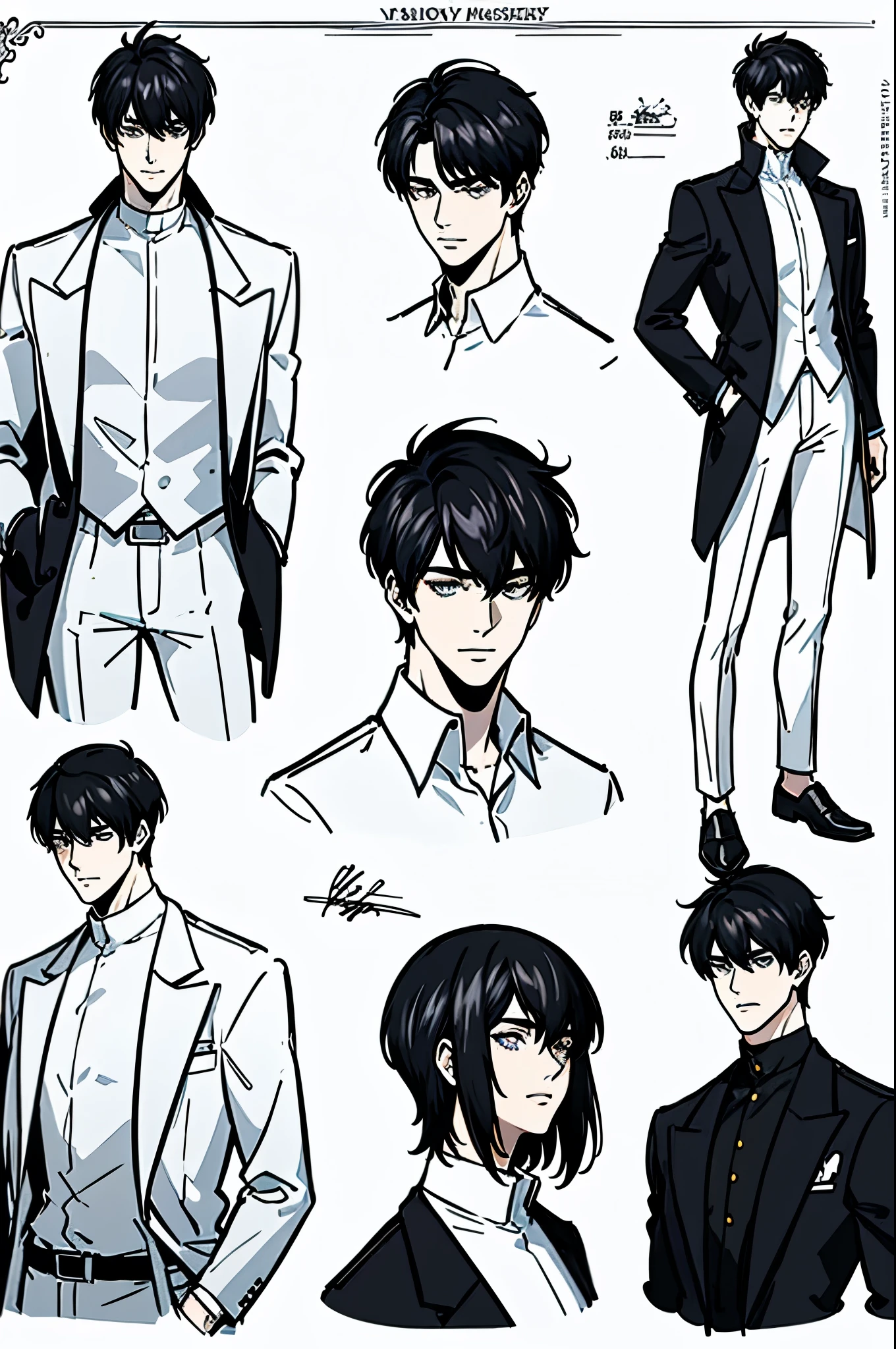 masterpiece, ultra detailed, 4K, 8K, 32K, intricate, (((1boy))), ((black hair)), ((no background)), ((Character Concept Art)) white background, detailed eyes, (white shirt), ((School Uniform)), handsome young man, 20 year old, (((same character))), dynamic pose, anatomically correct hands, (slender body), (((stylish haircut))), multiple angles, face focus, bust, emotions, emotion chart, emotion chart of the same character