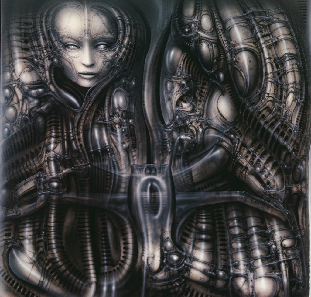 HRGGR, H.R. GIGER, The image is a detailed 3D rendering of an alien creature, with intricate mechanical parts and a muscular human-like form.