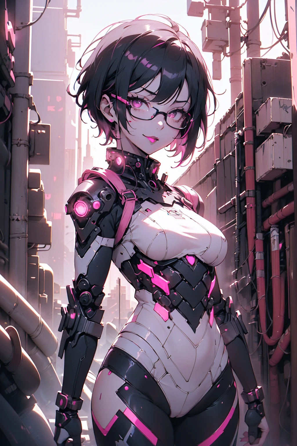 (1girl, solo, alone), ((WakatsukiRisa, Sarada Uchiha, black hair, short hair, black eyes, red glasses)), ((solo, (1woman, (small bust), pink lipstick, black eyes), Extremely detailed, ambient soft lighting, 4k, perfect eyes, a perfect face, perfect lighting, a 1girl)), ((fitness,, shapely body, athletic body, toned body)), ((seamless image fusion, (cybersamurai), super fine, extremely detailed, delicate and dynamic, cool and militant combatants, wearing hologram armored combat suits that fit tightly to the body and blend into the surrounding scenery, iridescent, background in the same color as the combat uniform, background Iridescent city, woman, cyber armor, smug smile, smug, framing against diving, mechanical parts, cyberpunk))