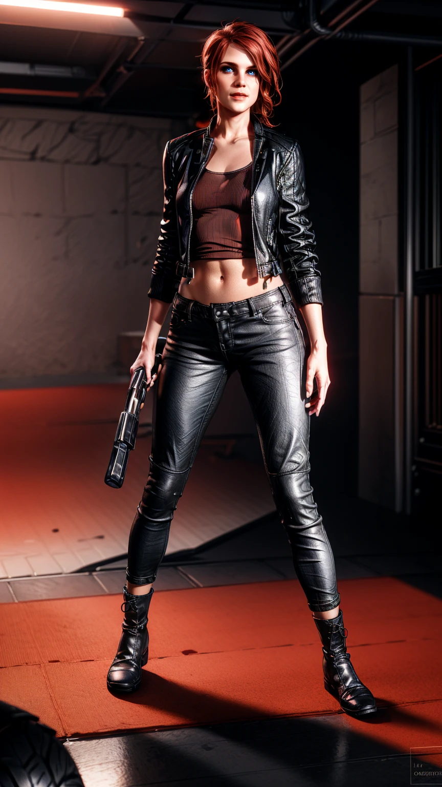 ((Courtney Hope)), red hair, asymmetrical hair, short ponytail, wavy hair, sidelocks, hair over one eye, low ponytail, serious, seductive smile, Jesse Faden from video game "Control", open_Fitted_Black motorcycle/bomber jacket 1/4 cropped, (black tank top under jacket), Skin tight_black jeans, (strong glutes), Loose_matte black leather motorcycle boots, (wielding "Service Weapon":1.37),Slim but lightly toned build, Small bust, (covered nipples:1.27), standing in fighting poses, wide shot, UHD, 16k, textured skin, best quality, anatomically correct, accurate, masterpiece, (concept art), (full body portrait), Flawless skin, (jesseC_soul3142) 