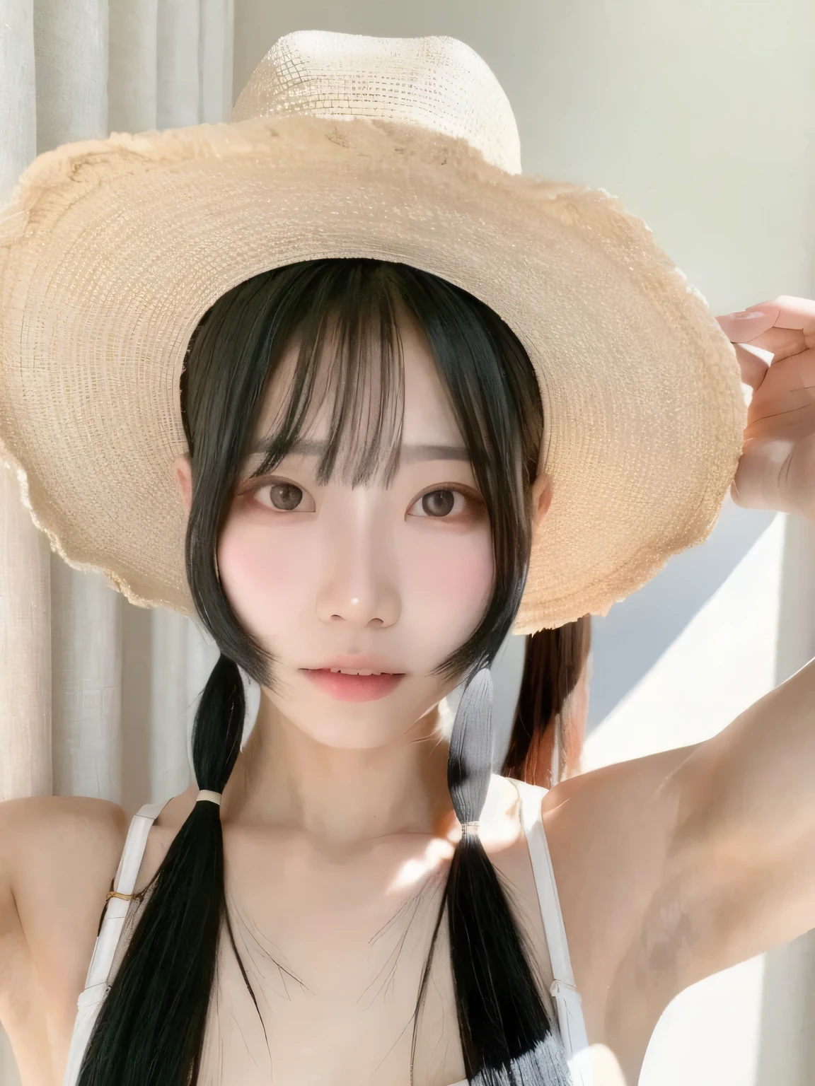highest quality}, {{masterpiece}}, {very delicate and beautiful},outstanding light and shadow, Highly detailed room,clear and bright sunlight,1 girl, idol dressed、gaze looking me, black side,strong sunlight,delicate and messy hair,realistic skin texture, whole body with clear pores and skin wrinkles