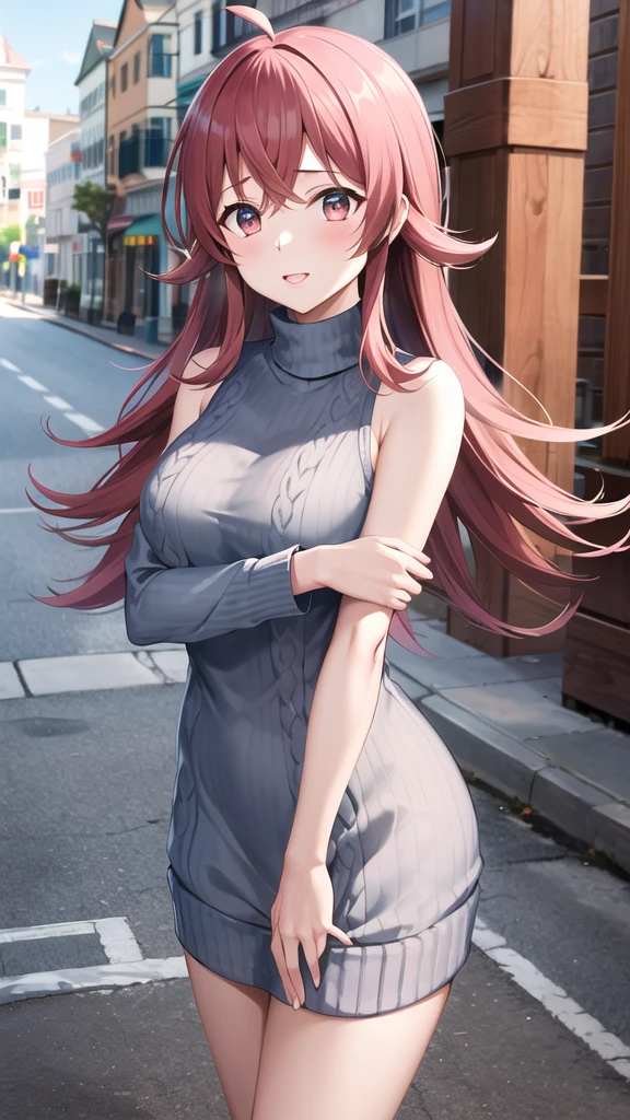 masterpiece, best quality, highres, aakaho, long hair, ahoge, turtleneck sweater, virgin killer sweater, standing, street, cowboy shot, sleeveless, sweater dress,