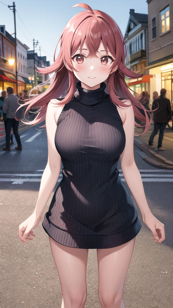 masterpiece, best quality, highres, aakaho, long hair, ahoge, turtleneck sweater, virgin killer sweater, standing, street, cowboy shot, sleeveless, sweater dress,