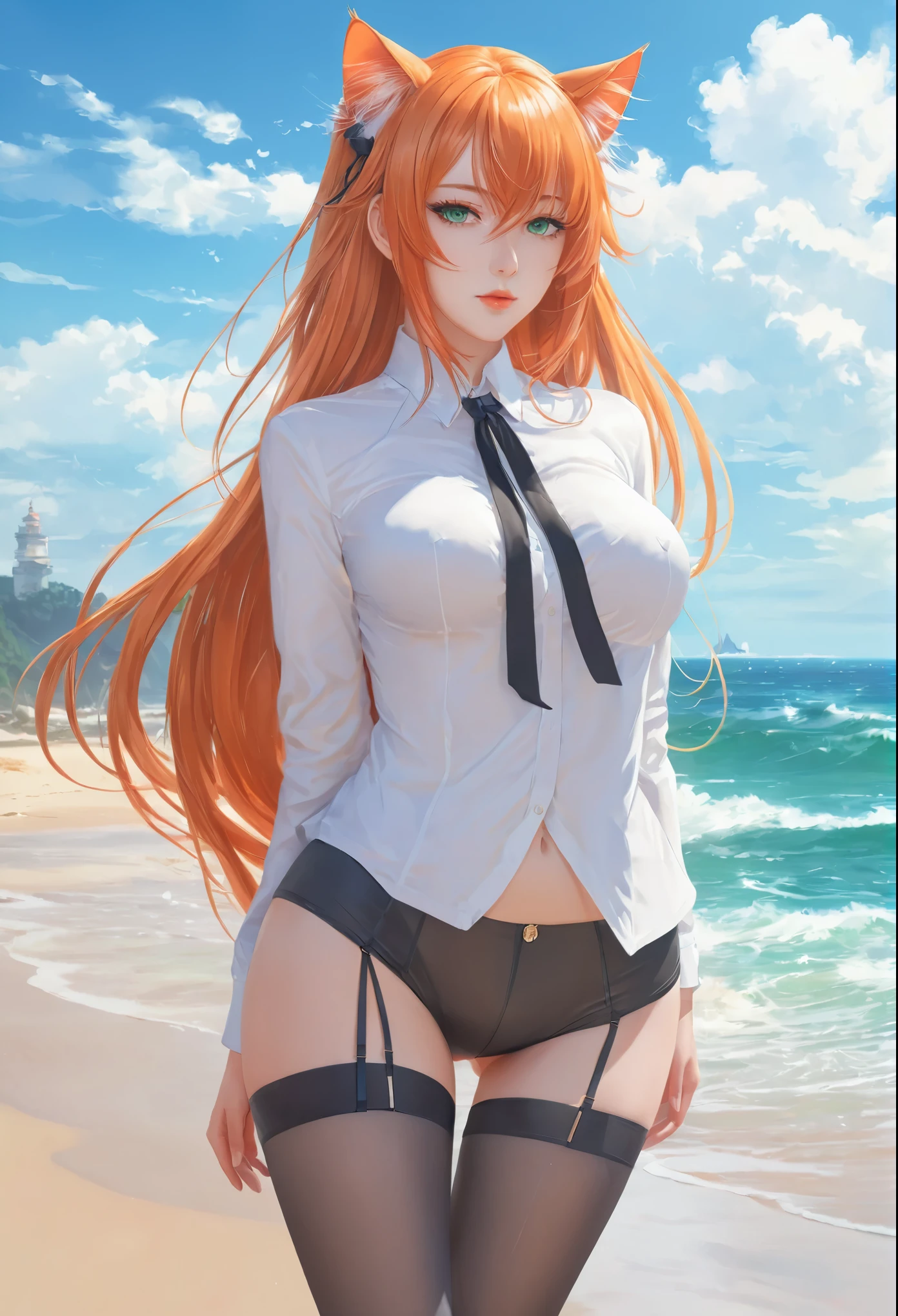 anime girl with long orange hair standing on beach near ocean, green eyes detailed digital anime art, cat ears, , anime girl with long hair, smooth anime cg art, anime girl with long hair, average breast size, digital anime art, artwork in the style of guweiz, beautiful anime portrait, photorealistic anime girl render, Shiny rubber pants, beautiful anime girl, advanced digital anime art, pantyhose, guweiz on artstation pixiv upscale HD UHD HQ
