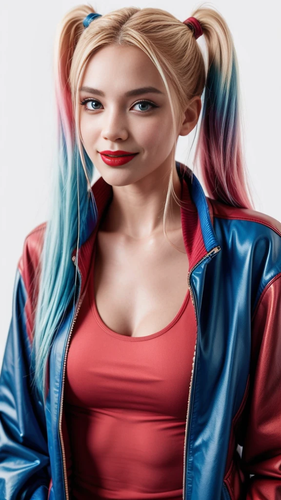 masterpiece, better quality,  high quality , 1 girl, Alone,
harley quinn, twin tails , smile, blue eyes, Blonde hair, jacket,  multicolored clothes, blue hair,  looking at the viewer, makeup, multicolo red hair, multicolored jacket,  simple background , shirt, blue background, open jacket, upper body, toys, gradient hair, joy, open clothes, clavicle,  long hair ,  red lips, blue jacket, red jacket,  red hair, lipstick,  long sleeves , multicolored shirt, pink hair, clothes written, upper body,   medium breasts ,