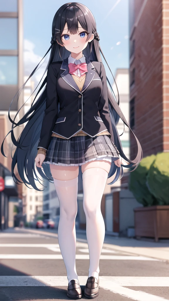 1girl, solo, tsukino mito, long hair, virtual youtuber, skirt, thighhighs, black hair, jacket, bow, blazer, black jacket, hairclip, hair ornament, white thighhighs, bangs, braid, pleated skirt, pink bow, school uniform, bowtie, very long hair, long sleeves, shirt, collared shirt, white shirt, blue eyes, pink bowtie, plaid skirt, plaid, black skirt, miniskirt, standing,  outdoors, street,