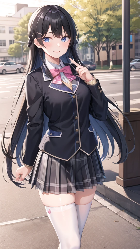 1girl, solo, tsukino mito, long hair, virtual youtuber, skirt, thighhighs, black hair, jacket, bow, blazer, black jacket, hairclip, hair ornament, white thighhighs, bangs, braid, pleated skirt, pink bow, school uniform, bowtie, very long hair, long sleeves, shirt, collared shirt, white shirt, blue eyes, pink bowtie, plaid skirt, plaid, black skirt, miniskirt, standing,  outdoors, street,