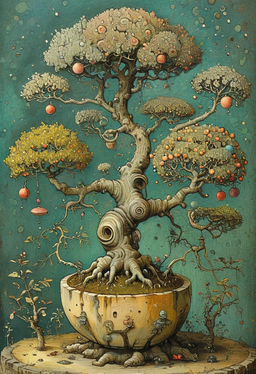 Pointillism darkened background, Doodle art, Mattias Adolfsson artwork, circular spiral patterns, esoteric masterpiece, old dying bonsai tree, cool pastel colors, trypophobia nightmares  