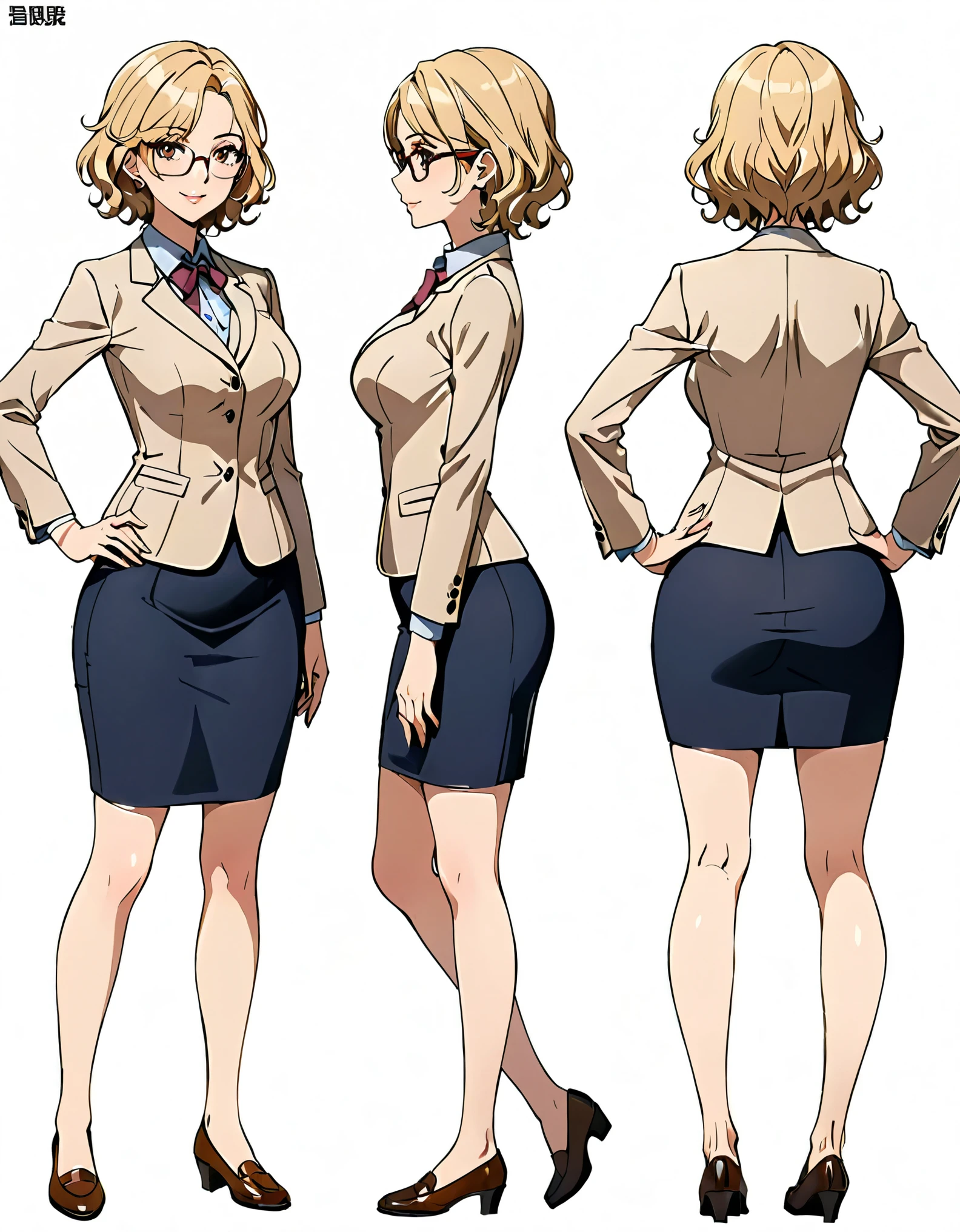 masterpiece, best quality, hires, 1girl, equal height, finger proportions coordination, medium breasts, suit, skirt, pencil skirt, bare legs, glasses, shoes, solo, single, hands on hip, standing, beautiful detailed eyes, beautiful detailed face, (blonde hair, (short hair, wavy hair)), mature lady, teacher, perfect body, good proportions, Simple background, Multiple Views, Character Sheet Full-Length.