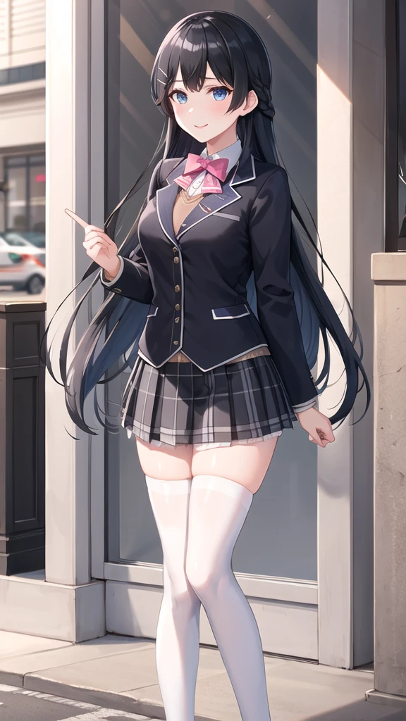 1girl, solo, tsukino mito, long hair, virtual youtuber, skirt, thighhighs, black hair, jacket, bow, blazer, black jacket, hairclip, hair ornament, white thighhighs, bangs, braid, pleated skirt, pink bow, school uniform, bowtie, very long hair, long sleeves, shirt, collared shirt, white shirt, blue eyes, pink bowtie, plaid skirt, plaid, black skirt, miniskirt, standing,  outdoors, street,