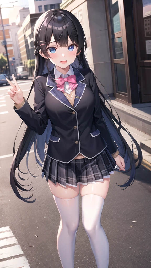 1girl, solo, tsukino mito, long hair, virtual youtuber, skirt, thighhighs, black hair, jacket, bow, blazer, black jacket, hairclip, hair ornament, white thighhighs, bangs, braid, pleated skirt, pink bow, school uniform, bowtie, very long hair, long sleeves, shirt, collared shirt, white shirt, blue eyes, pink bowtie, plaid skirt, plaid, black skirt, miniskirt, standing,  outdoors, street,