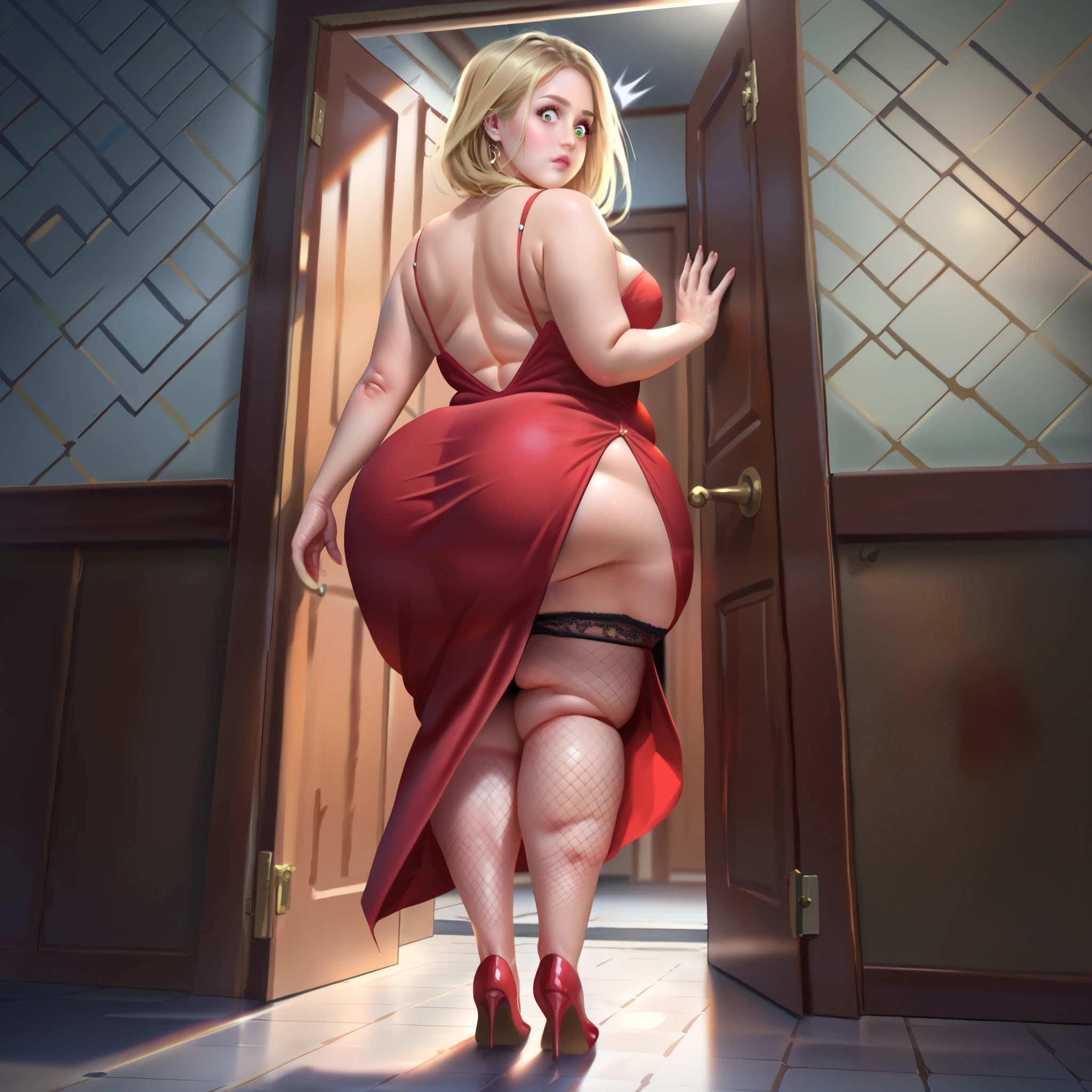 Big fat woman squeezing in a narrow door in a house, her butt is too large to fit through the door, her butt is stuck to the sides of the door,  wearing a cocktail dress, one leg bare, red high heels, fishnet stockings and garters, long blonde hair, shocked wide eyed expressions,  skin indentation, , (dynamic angle),  , by wlop, full body picture 