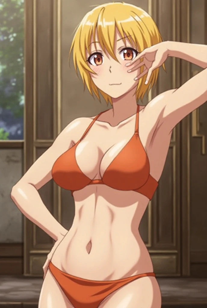 (masterpiece, best quality), intricate details, 8k, artstation, wallpaper, official art, splash art, sharp focus, 1girl, Toga, Himiko, Himiko Toga, fangs, yellow hair, yellow bikini, medium breasts, rounded breasts, nicebody, himikotoganova vivid colours, vivid, yellow bikini, fullbody, looking into camera, seductive smile, big breasts
