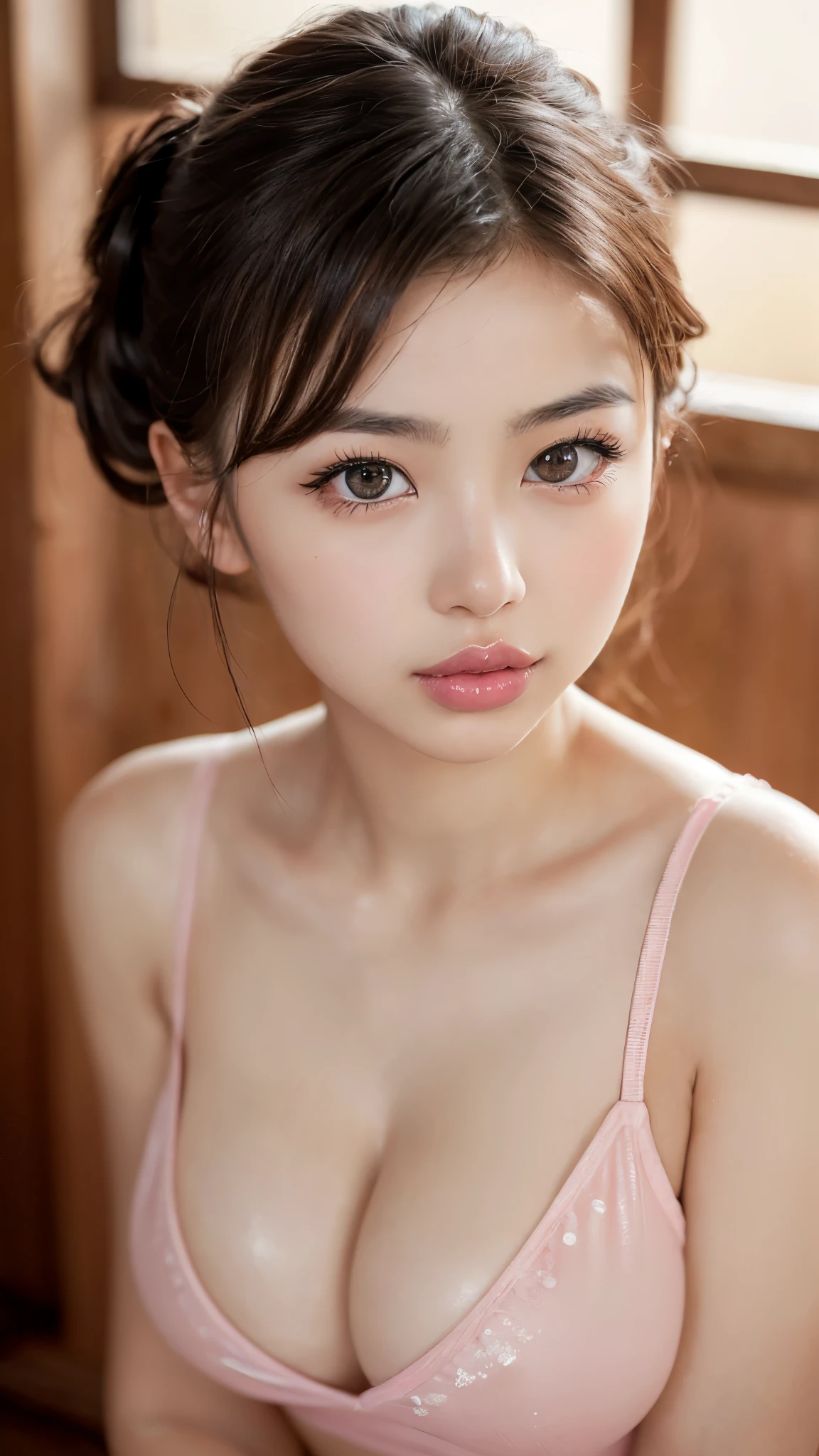 ((8k photo, RAW photo, best quality, ultra res, photorealistic)), (intricate details, masterpiece, hyper-realistic, ultra detailed), a photo of a ((young Japanese girl, sexy  girl, sexy , :1.5)), ((***************:1.8)) in pajamas, ((perky breasts, firm breasts:1.4)), ((thick lips, full lips, cupid's bow lips:1.5)), ((petite:1.5)), e-girl, sexy face with full makeup, pink lips, (lip gloss:1.4), showing her face, very sexy outfit, jaw-dropping beauty, seductive look at the camera, upper body, sexy young girl, beautiful girl, (cute face), seductive look, seductive pose