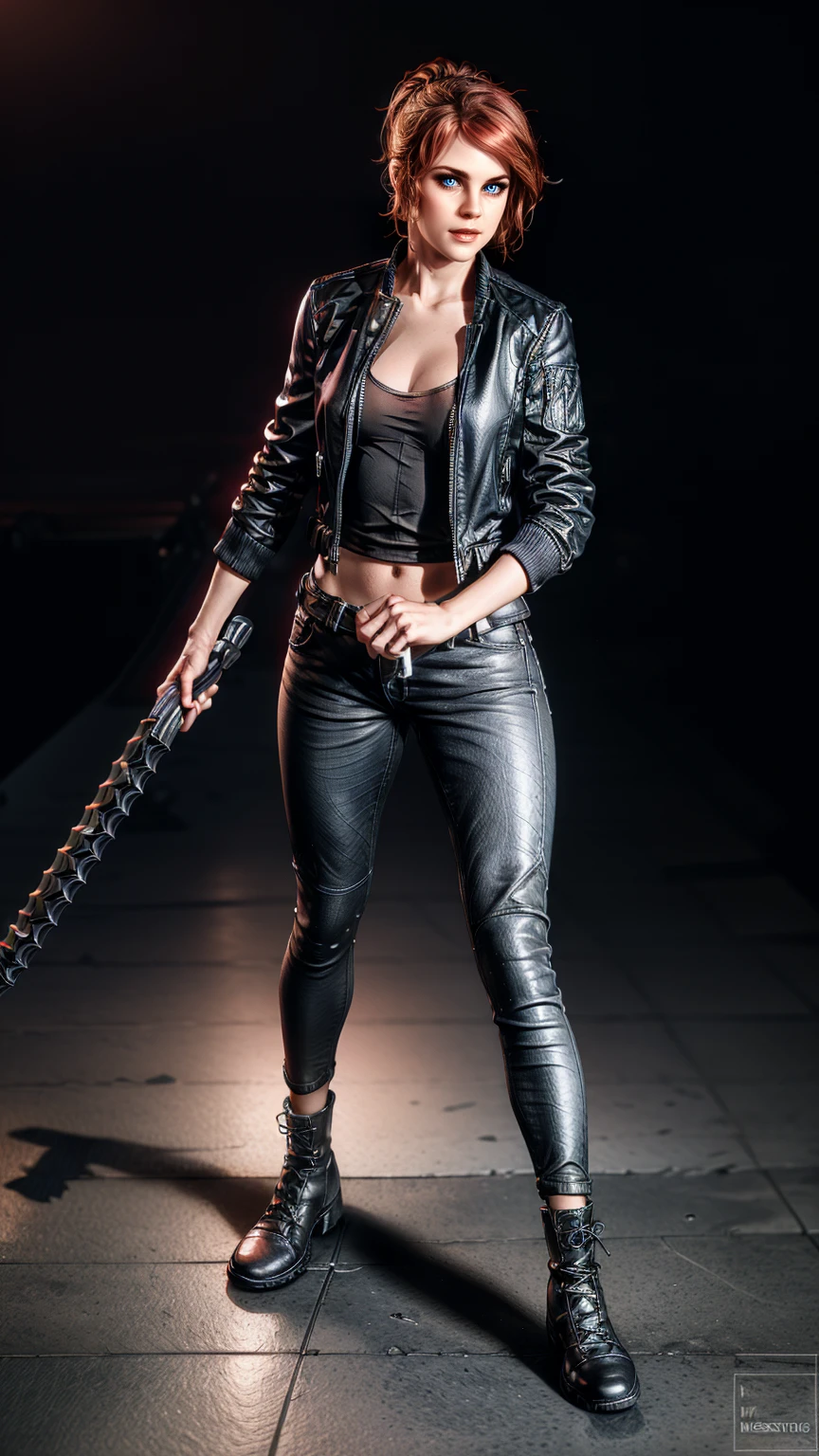 ((Courtney Hope)), red hair, asymmetrical hair, short ponytail, wavy hair, sidelocks, hair over one eye, low ponytail, serious, seductive smile, Jesse Faden from video game "Control", open_Fitted_Black motorcycle/bomber jacket 1/4 cropped, (black tank top under jacket), Skin tight_black jeans, (strong glutes), Loose_matte black leather motorcycle boots, (wielding "Service Weapon":1.37),Slim but lightly toned build, Small bust, (covered nipples:1.27), (fighting poses:1.32), wide shot, UHD, 16k, textured skin, best quality, studio lighting, anatomically correct, accurate, masterpiec, (full body portrait), Flawless skin, (jesseC_soul3142) 