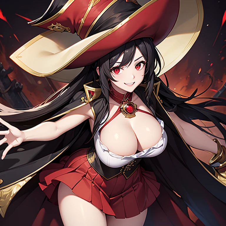 A woman wearing a white sleeveless shirt, black coat with red details, short red skirt, black hair, red eyes, pirate commander's hat, in a 1700s style naval shipyard, with golden chest, large breasts, smiling,very detailed, masterpiece, high quality, ultra resolution, 4k hd.
