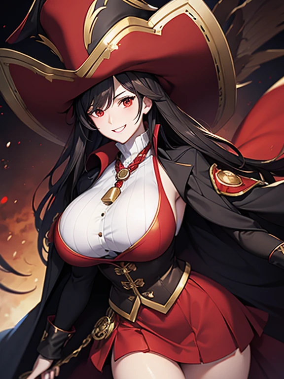 A woman wearing a white sleeveless shirt, black coat with red details, short red skirt, black hair, red eyes, pirate commander's hat, in a 1700s style naval shipyard, with golden chest, large breasts, smiling,very detailed, masterpiece, high quality, ultra resolution, 4k hd.
