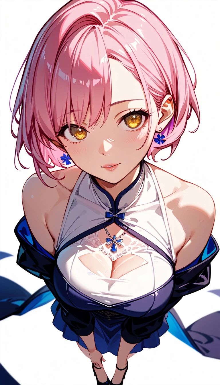  High image quality 、high quality、 one girl playing pranks、 pink hair、 short haired 、 golden eyes、Large Breasts、 simple background、Fisheye Lens、Shooting from above、 The girl is looking at the camera、 face up 、Looking up、 High Heels 、 china dress