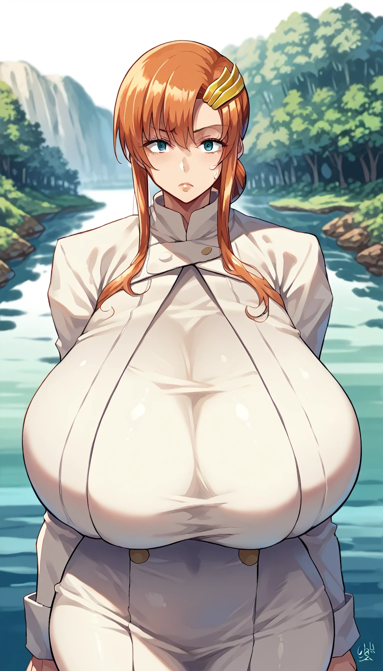  anime color ,throw,Front View,whole body,(oekakizuki Style),One mature woman, Japanese,(Lake Clyne Otome Valkyrie),HYPER Big Breasts,Rocket sauce milk,stand,Bimbo mature face,Default Outfit,