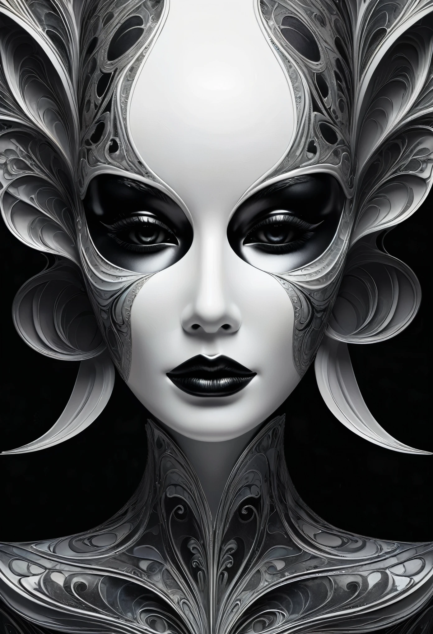 of the highest quality, digital painting , extremely suave, fluids, like a dream, suave, Cintilante, like a dream glow, Stylized color ink art by Anna Dittmann , arthur rackham, Wet black and white color inks line art like a dream feminine face mask, Mask of death, upper half of mask frontal with suave ceramic plastic surface, black canvas illustration , fractal style, (( floating mask )), (( Mask only )), center of written form , symmetrical, 4K modifier : 4K 3D