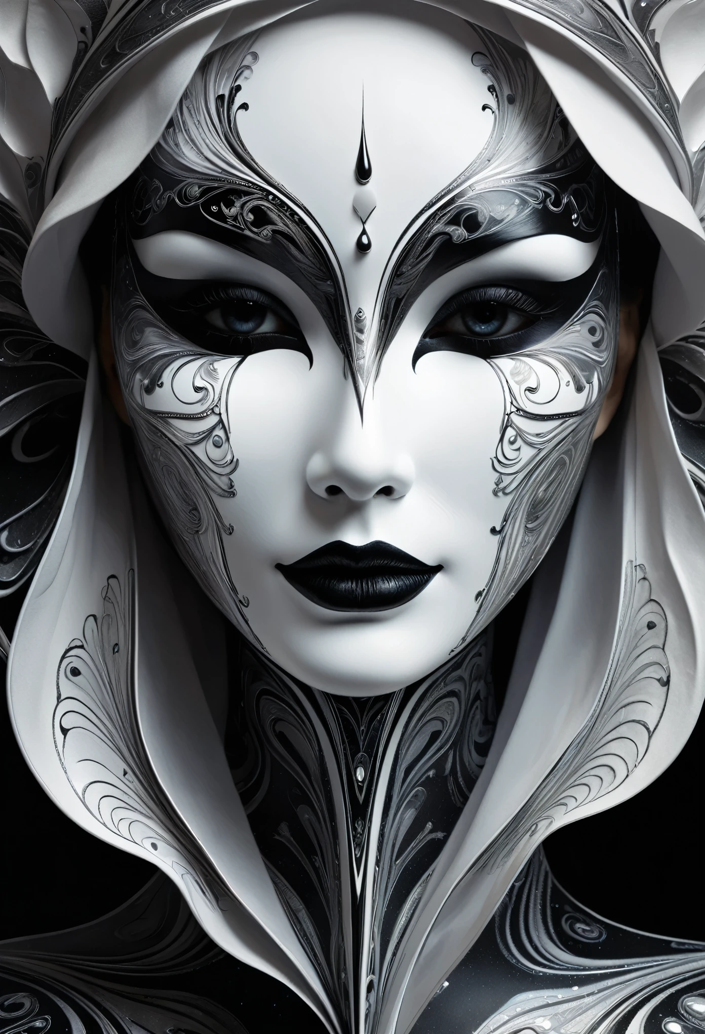 of the highest quality, digital painting , extremely suave, fluids, like a dream, suave, Cintilante, like a dream glow, Stylized color ink art by Anna Dittmann , arthur rackham, Wet black and white color inks line art like a dream feminine face mask, Mask of death, upper half of mask frontal with suave ceramic plastic surface, black canvas illustration , fractal style, (( floating mask )), (( Mask only )), center of written form , symmetrical, 4K modifier : 4K 3D