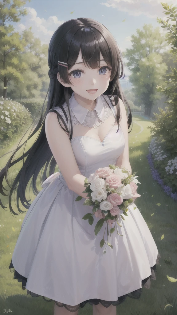 1girl, solo, tsukino mito, long hair, virtual youtuber, black hair, hairclip, hair ornament, wedding dress, standing, garden, confetti, holding bouquet, smile, open mouth,