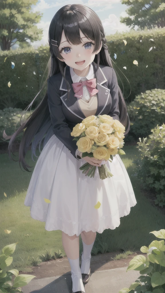 1girl, solo, tsukino mito, long hair, virtual youtuber, black hair, hairclip, hair ornament, wedding dress, standing, garden, confetti, holding bouquet, smile, open mouth,